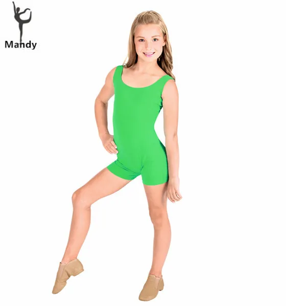 Lycra Cotton Kids Tank Green Gymnastics Biketard Unitard Shorty One Piece Spandex Dance Costumes Youth Dance Leotard