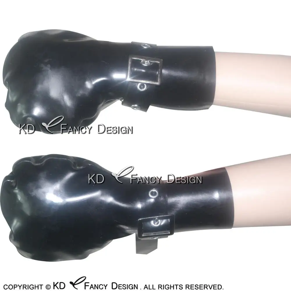 Black Sexy Short Latex Gloves With Belts And Mini Buckles Rubber Mitts Plus Size ST-0002