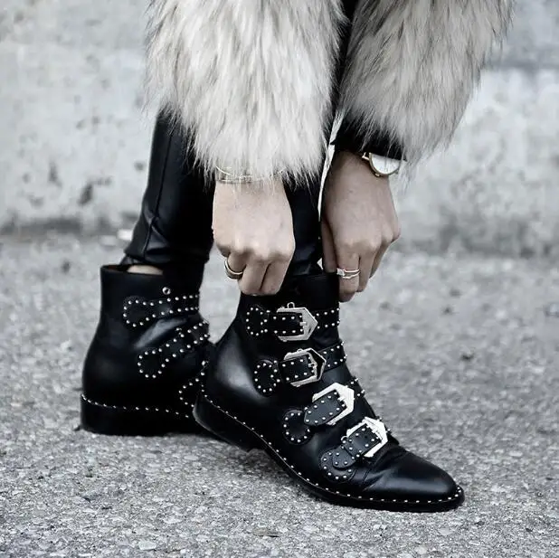 2017 Black Studded Buckle Boots Silver-tone studded women boots hardware Four straps Ankle-high buffed calfskin boots in black