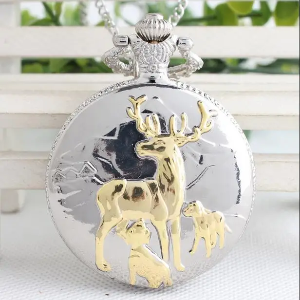 New quartz Silver and gold deer steampunk Fashion quartz pendant Flip clock Necklace pocket watches gift