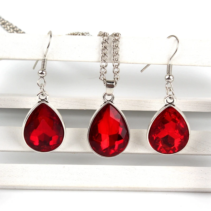 1set Vintage Water drop Pendant Necklace & earrings Fashion Jewelry red
