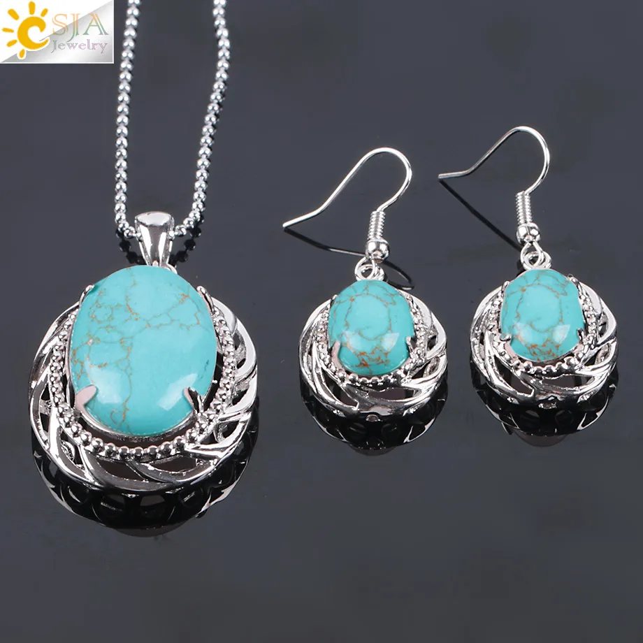 CSJA Natural Stone Bridal Party Jewelry Set for Women Dangle Earrings Necklaces Set Collection Green Aventurine Pink Quartz E904