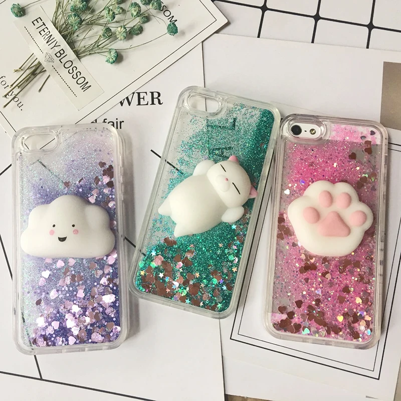 3D Squishy Cat Case For iPhone 5S SE 7 7 Plus Case Liquid Quicksand Glitter Silicone Case For iPhone 8 Plus Xs Xr 6s Cover Coque