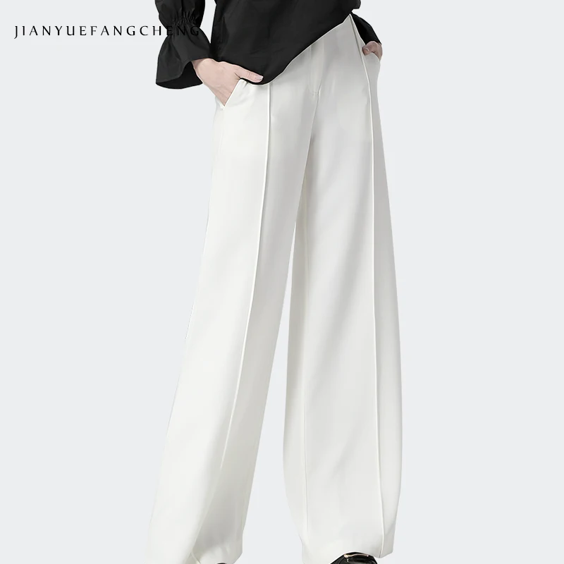 Fashion Spring Summer High Waist Wide Leg Pants Women White Casual Long Trousers Loose Plus Size Front Pleated Woven Suit Pants