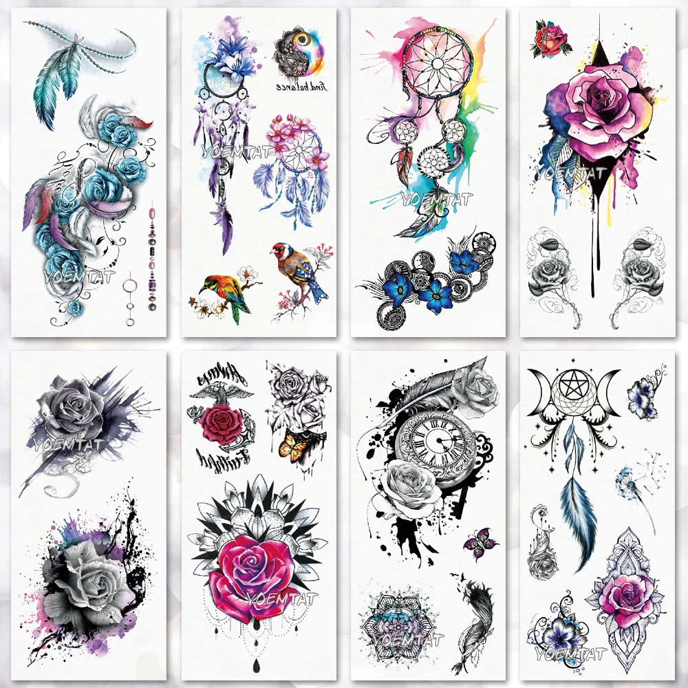 Drawing Rose Geometic Temporary Tattoo Watercolor  Tattoo Stickers Beach Flower Women Girls Body Chest Hand Legs Tatoo Decal