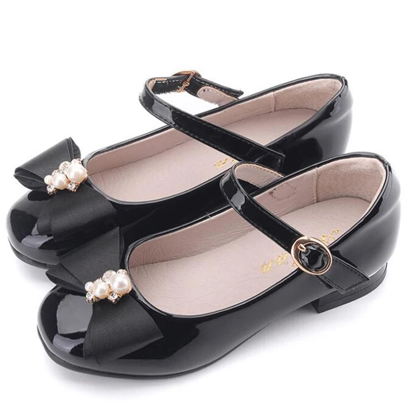 2023 Girls Shoes High Quality Japanned Leather Flats Girls Butterfly-knot Crystal Princess Leather Shoes обувь для девочек