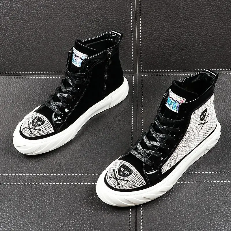 CuddlyIIPanda New Men Fashion Casual Ankle Boots Spring Autumn Crystal High Top Leisure Sneakers Male Punk Style Hip Hop Shoes