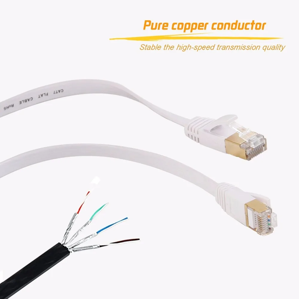 30m  Cat7 Ethernet Flat Patch Network Cable, Shielded (STP) with Snagless Rj45 Connectors white color