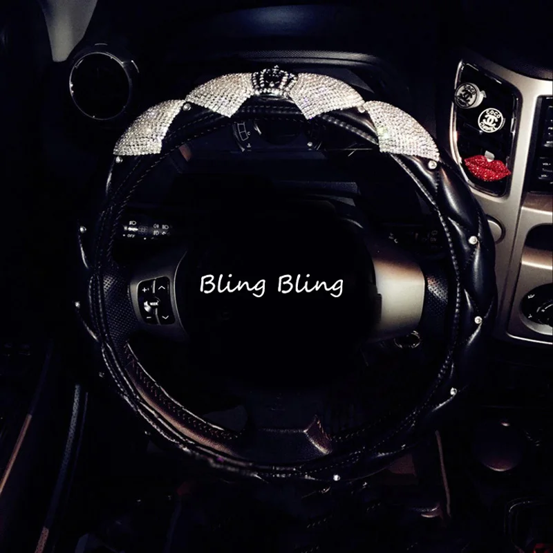 Luxury Crystal Crown Leather Car Steering Wheel Covers with Bling Bling Rhinestones for Girls Universal Car Interior Accessories