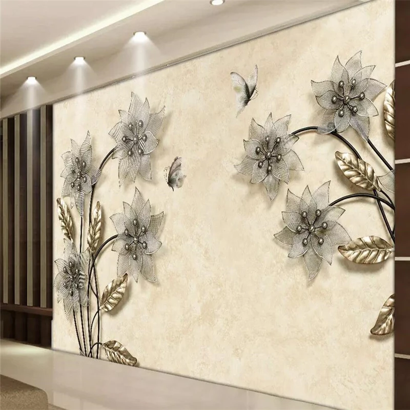 

Decorative wallpaper 3D three-dimensional gold jewelry flower TV background wall painting