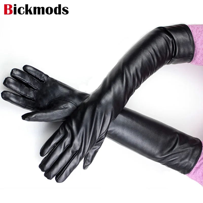Long Leather Gloves Ladies Sheepskin Thin Rayon Lining Fashion Versatile Simple Straight Style Thick Fleece Lining Winter Warmth