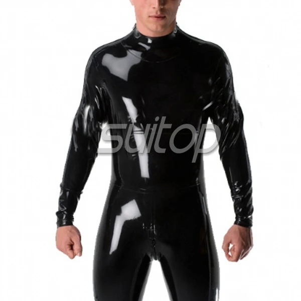 Suitop Men's shoulder entry black heavy latex castuit with socks black rubber catsuit with  Double Shoulders Zipper