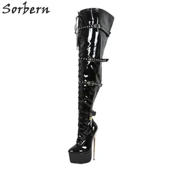 Sorbern 22Cm stivali tacco alto estremo in metallo cavallo lungo coscia alta brevetto personalizzato gambe larghe piattaforma cinturini per stivali fori bloccabili