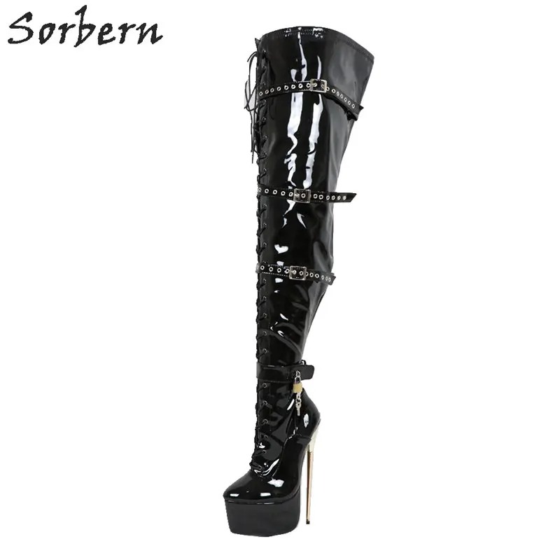 Sorbern 22Cm Metal Extreme High Heel Boots Long Crotch Thigh High Patent Custom Wide Legs Platform Boot Straps Holes Lockable