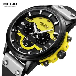 MEGIR 24 Hours Chronograph Quartz Watches Waterproof Casual Leather Wristwatch for Man Luminous Hands Sports Watch 2080 Yellow