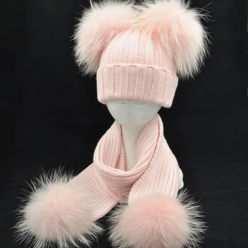 Fur Hat Scarf Set Girls Boys Autumn Thick Warm Baby Cute Children Pompon Cap Scarf Real Raccoon Fur Pompom Set Hat Scarf  Kids