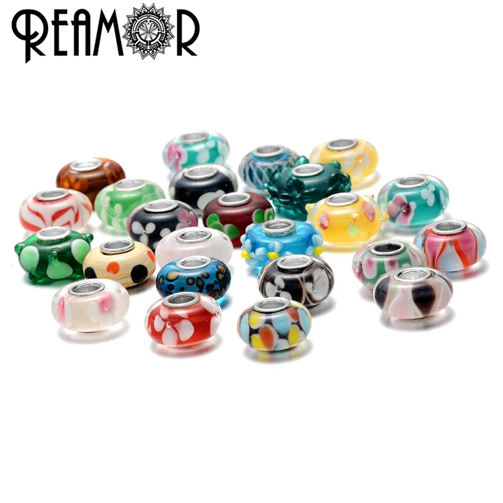 REAMOR 20 sztuk/partia mieszane europejski okrągły Lampwork koralik Murano szklane koraliki Charms Fit DIY kobiety bransoletki akcesoria do wyrobu