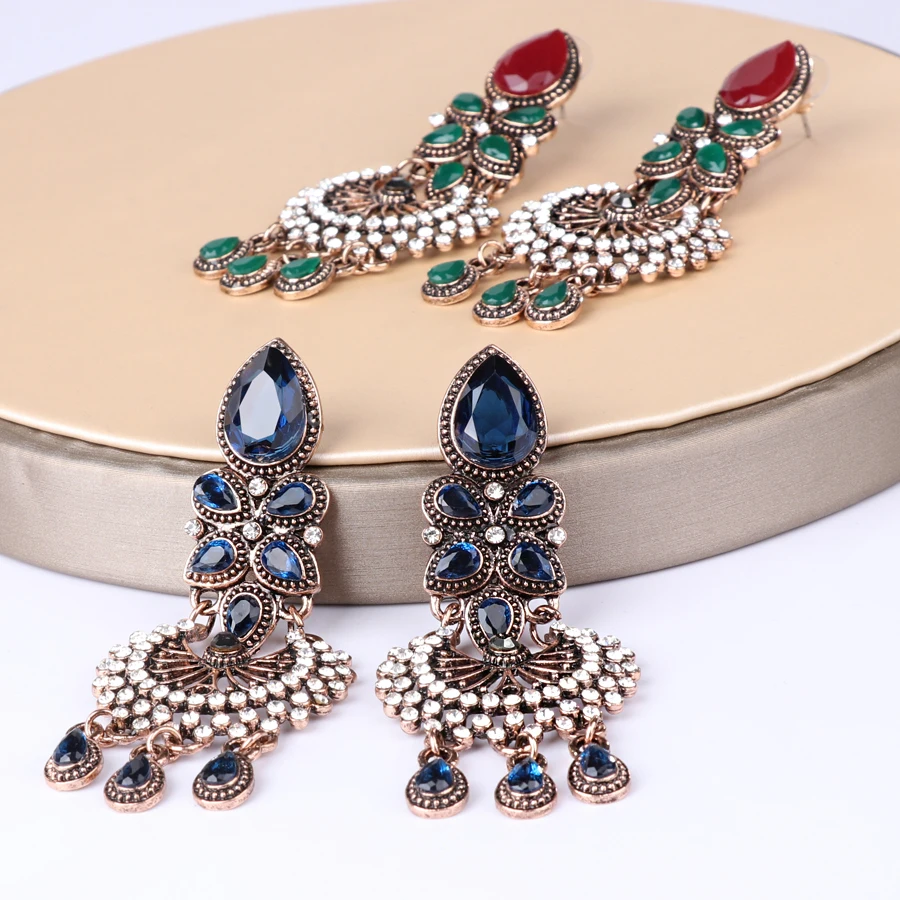 Kinel Exaggerated Big Earrings Ethnic Style Indian Jewelry Antique Cold Blue Crystal Flower Vintage Wedding Earring For Women