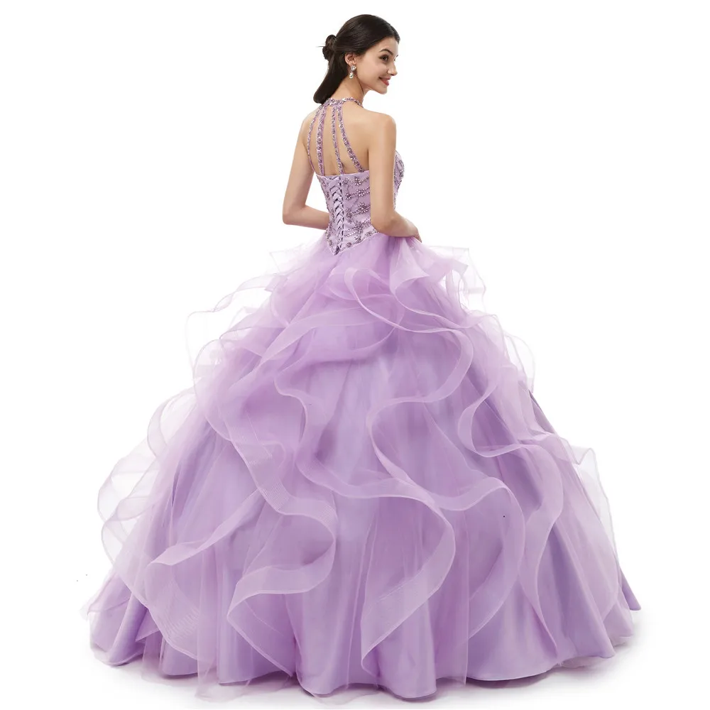 Janevini Mewah Gaun Pengantin Putri Lilac Quinceanera Gaun Halter Berat Manik-manik Puffy Tulle Prom Pesta Vestidos Dulces 16