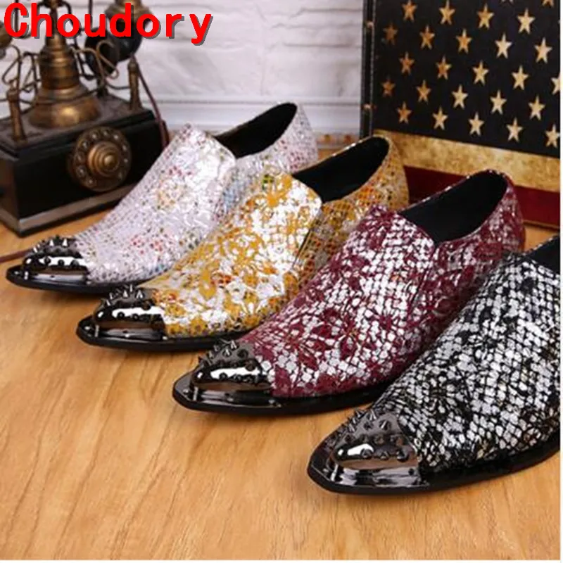 

Choudory Italian Leather Luxury Brand Pointed Toe Studded Loafers metallic Velvet Slippers High Heels Spike Dress Shoes