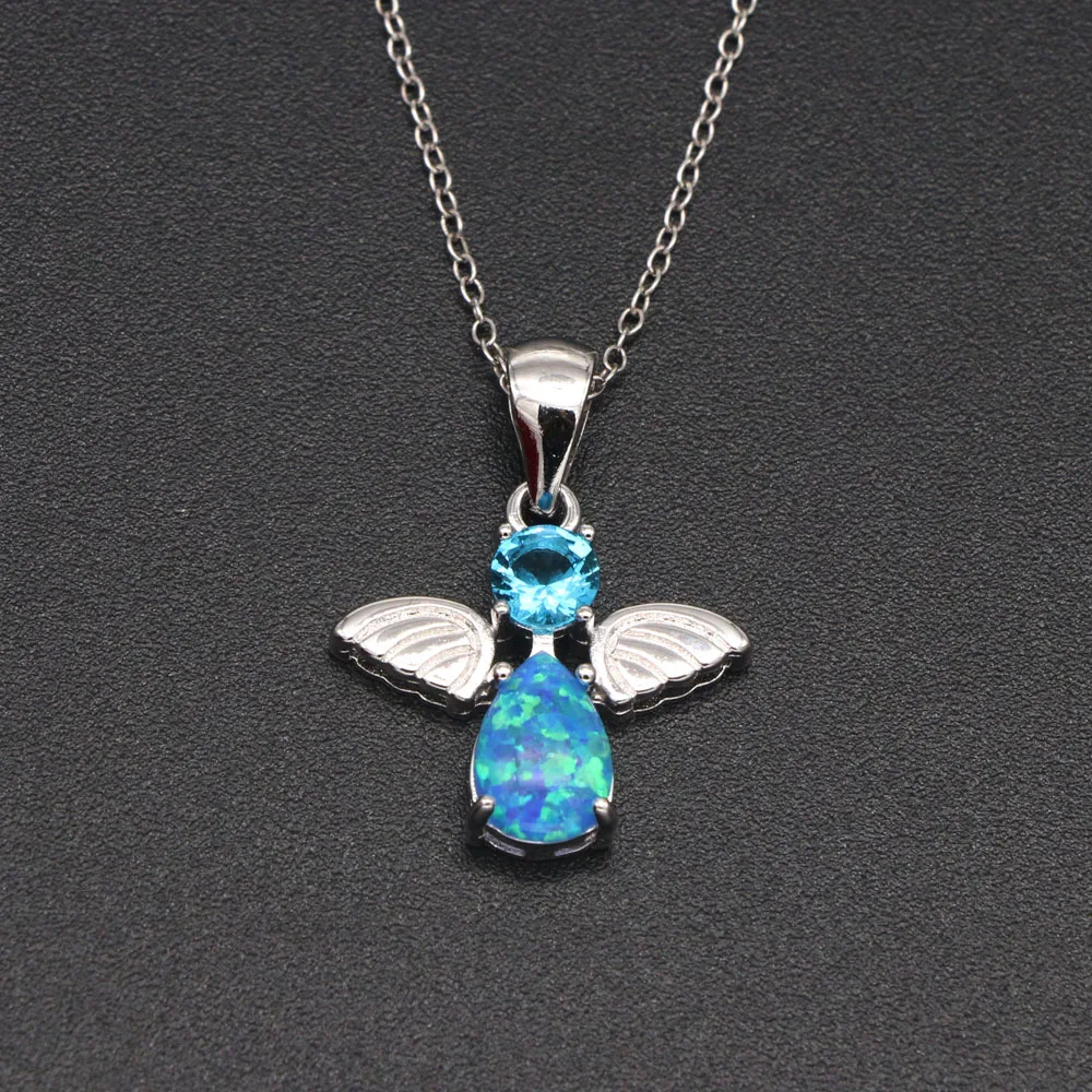 

JLP-1197 New Women's Bee Pendant Necklace Blue Classic Popular Opal Bee Pendant Necklace