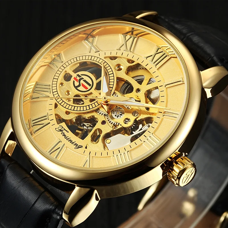 LAOGESHI mechanical watch men3d Logo Design Hollow Engraving Black Gold Case Leather Skeleton Mechanical Watches Men Luxury