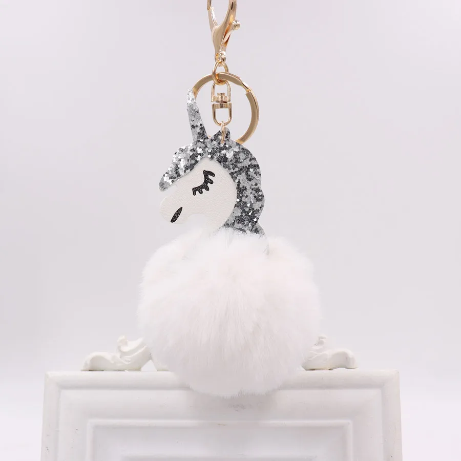 Pom Unicorn Keychain Rabbit Fur Ball Horse Key chain porte clef holder fluffy pompon Bag Car Key Ring For Women Accessories