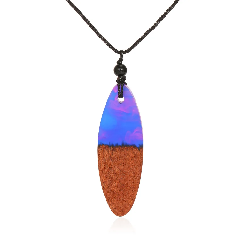 HOCOLE Fashion Handmade Resin Wood Pendant Necklace For Women and Men Geometric Pendant Black Rope Chain NecklaceJewelry Bijoux