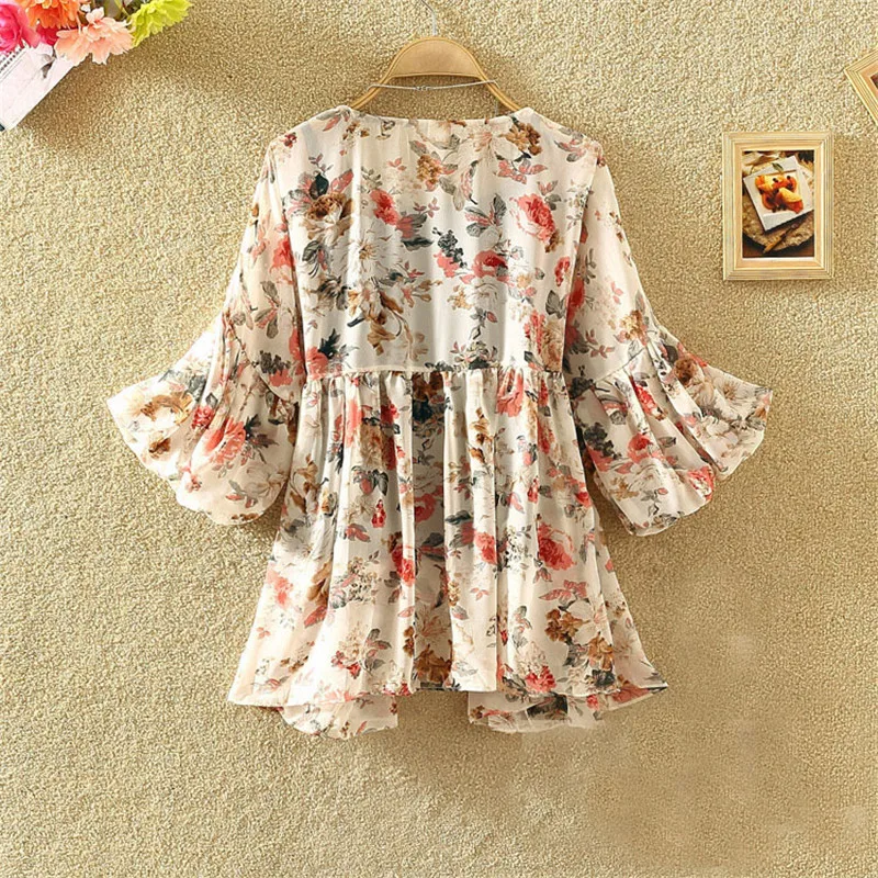 Frauen Floral Print Bluse Casual V-ausschnitt Chiffon Blusen Dame Laterne Hülse Rüschen Shirts unregelmäßigen Blusas Tops Plus Größe A1338