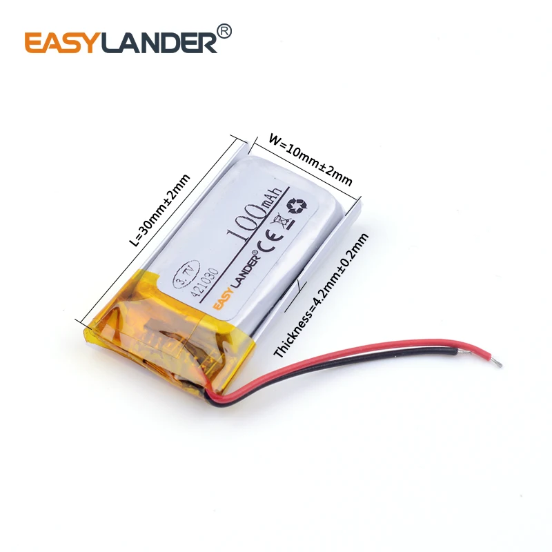 3.7V 421030   Batería recargable de polímero de iones de litio de 100mAh para MP3 MP4 DVR GPS mp5 juguetes DVR auriculares Bluetooth