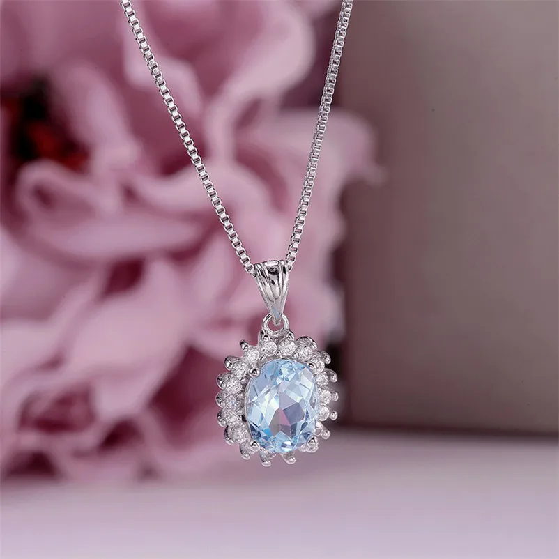 

Fine Jewelry Necklace Pendant For Women Solid 925 Silver 9*7mm Topaz Natural Blue Oval Gemstone Wedding Bridal Bijoux CCN013-6