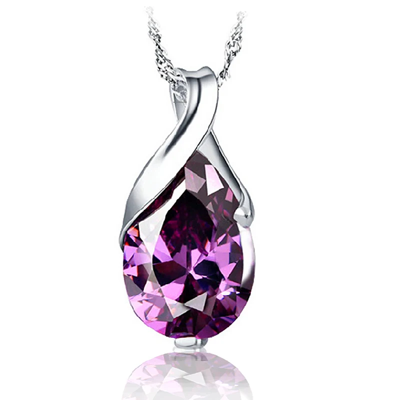 

Latest New Purple CZ with 925 Sterling Silver Water Drop Pendant Necklace Nice Woman Fashion Jewellery