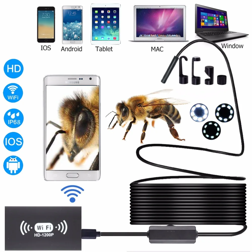 Endoscópio ip67 wifi à prova de água de 8mm 2mp 1m/2m/3.5m/5m/10m opcional