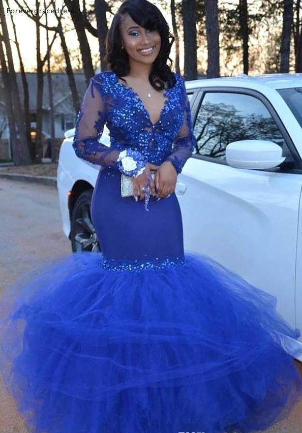 Royal Blue V-hals Prom Dresses Zuid Afrikaanse Zwarte Meisjes Formele Pageant Feestdagen Dragen Graduation Avond Partij Jassen Custom Made