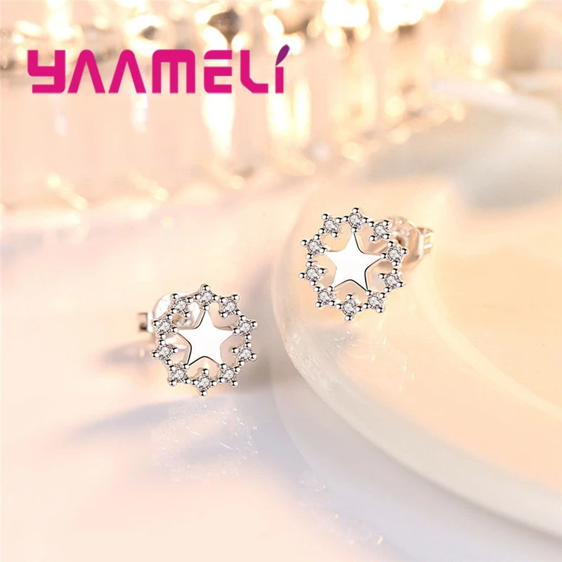 Fashion 925 Sterling Silver Holiday Christmas Party Flower Shaped Five Pointed Star Pattern Crystal Zircon Earrings