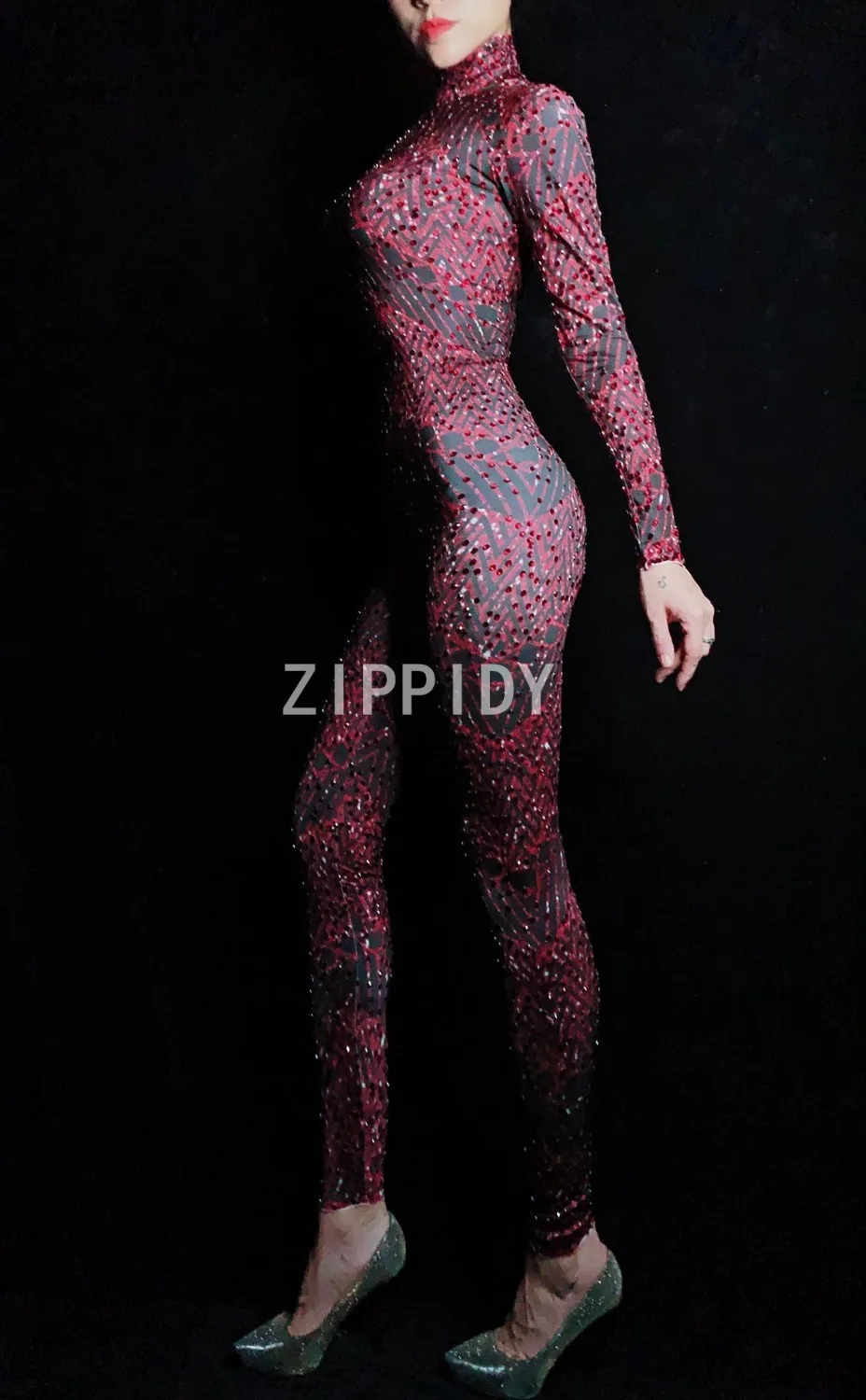 Full Red Rhinestones Spandex Bling Jumpsuit Women's Birthday Party Celebrate Outfit Bar Female Singer Bodysuit Evening Clothes