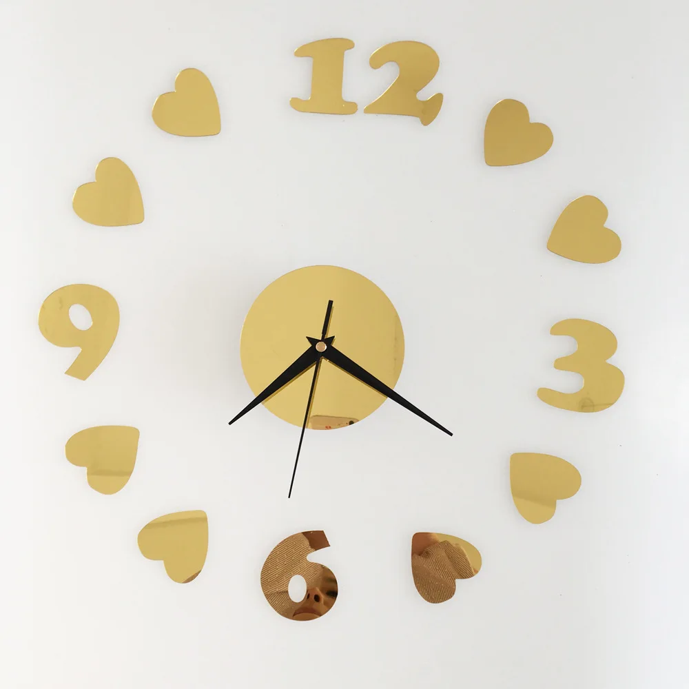 New home decoration mirror 3 d clock diy love sitting room wall clock quartz watches free shipping