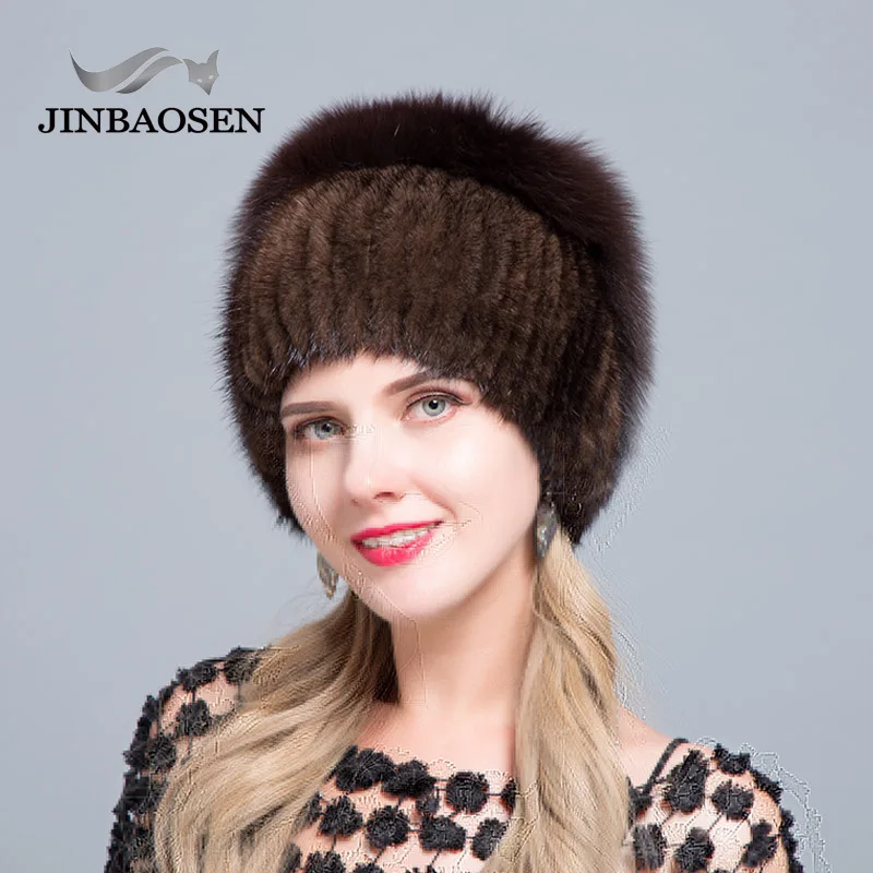 JINBAOSEN Hot Sale Fur Hat Otter With Fox Combined With Fur Fashion Hat Knitted Wool Liner Winter Woman\'s Fur Ski Hat