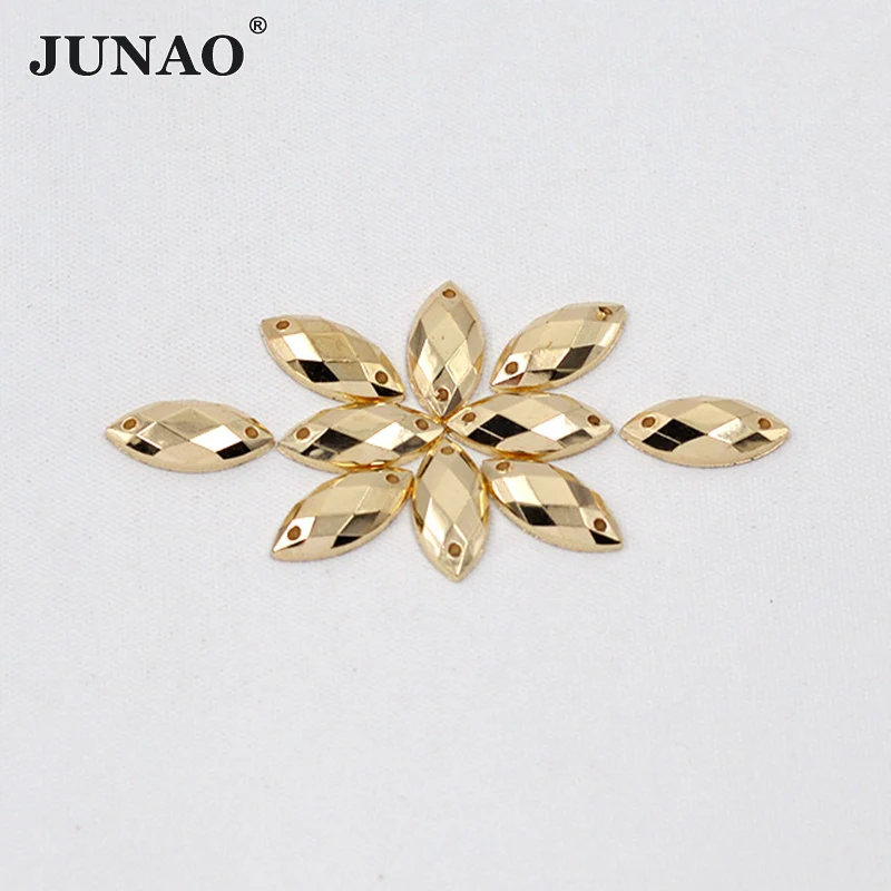 JUNAO 7*15 مللي متر الخياطة الذهب الاكريليك حجر الراين زين شقة الظهر الذهبي الأحجار الكريمة الحصان العين كريستال حجر خياطة على ستراس للملابس