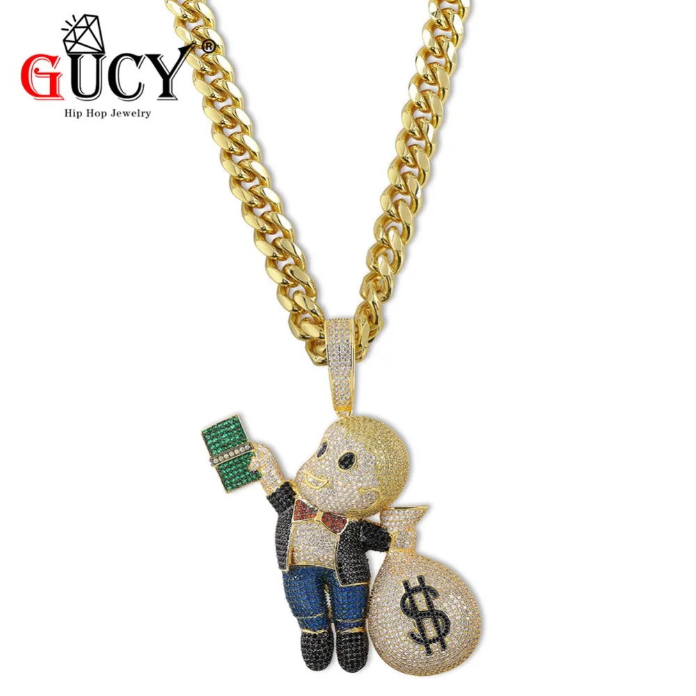 

GUCY Micro Pave AAA+ CZ Dollar Gangster Kid Little Richgang Hip Hop Pendant Necklace Iced Out Necklaces Men's Gift