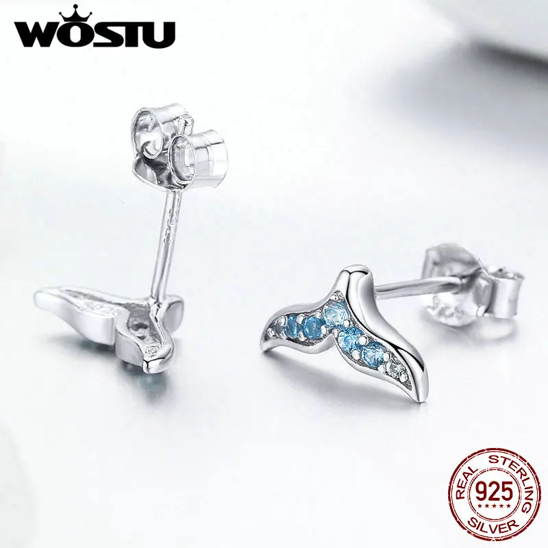 WOSTU Mermaid Tail Fishtail Stud Earrings 925 Sterling Silver Blue Zircon Tiny Earrings For Women Girls Lovely Jewelry FNE058