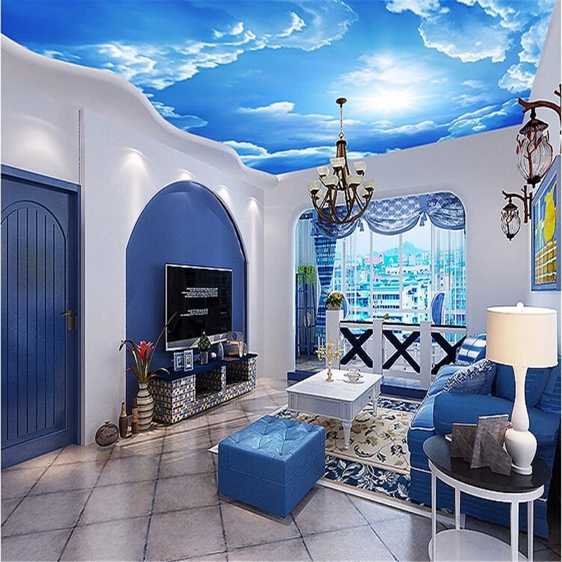 

Custom Ceiling Mural Wallpaper 3D clouds sky blue and white Living Room Bedroom Ceiling Background Photo Wallpaper