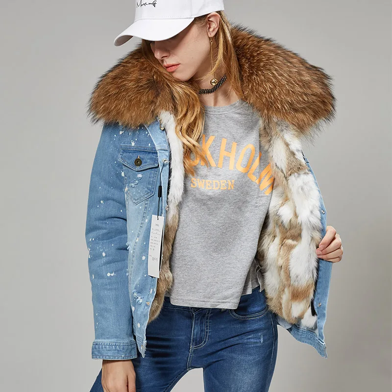 Maomaokong2023 New Natural Raccoon Fur Collar Real Rabbit Fur Lining Women's Winter Warm Hole Denim Coats Jackets