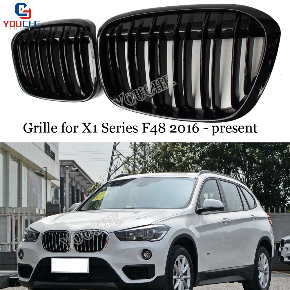 

F48 Dual Slat ABS Carbon Fiber Front Kidney Grills for BMW X1 Series F48 5-door SUV 2016 + Gloss M Color Black Grille Mesh