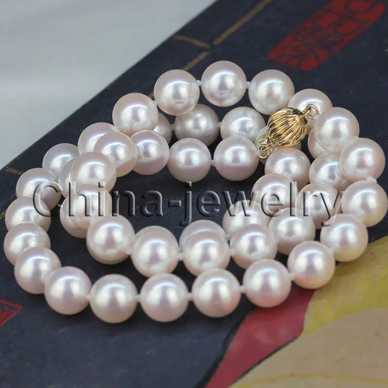 

FREE shipping AAAA Perfect round 8.5mm white Japanese akoya sea water pearl necklace-gold