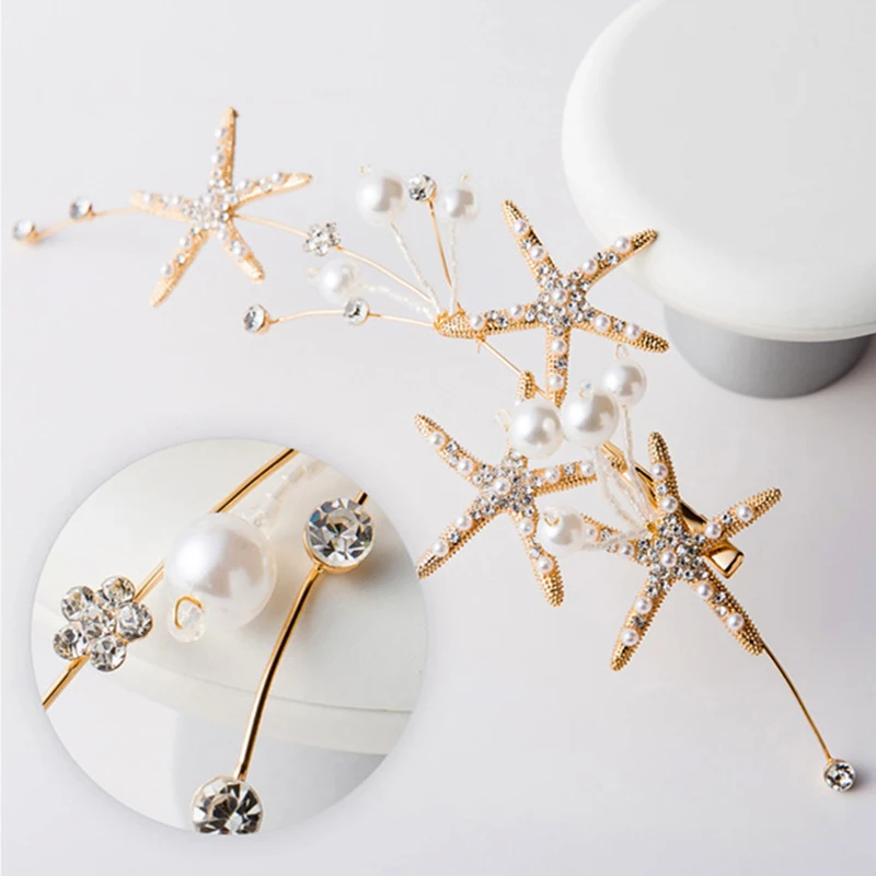 HIMSTORY New Starfish Hair Jewelry Pearl Rhinestone Tiaras Headbands Handmade Bridal Wedding Women Hair Accessories