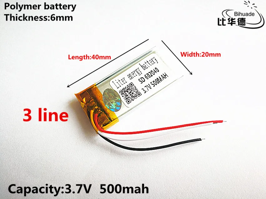 3 line Good Qulity 3.7V,500mAH,602040 Polymer lithium ion / Li-ion battery for TOY,POWER BANK,GPS,mp3,mp4