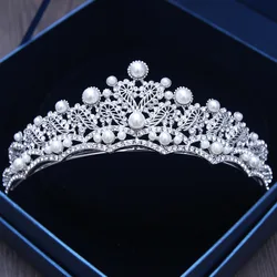 Luxury Baroque Silver Color Crystal Tiaras Rhinestone Hair Ornaments Bridal Head Jewelry Pearls Wedding Crowns Brides Hairbands