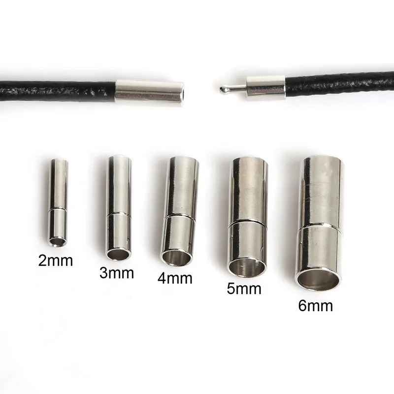 Fermoirs en métal plaqué rhodium pour la fabrication de bijoux à bricoler soi-même, embouts ronds en cuir, 2mm, 3mm, 4mm, 5mm, 6mm, 10 pièces par lot