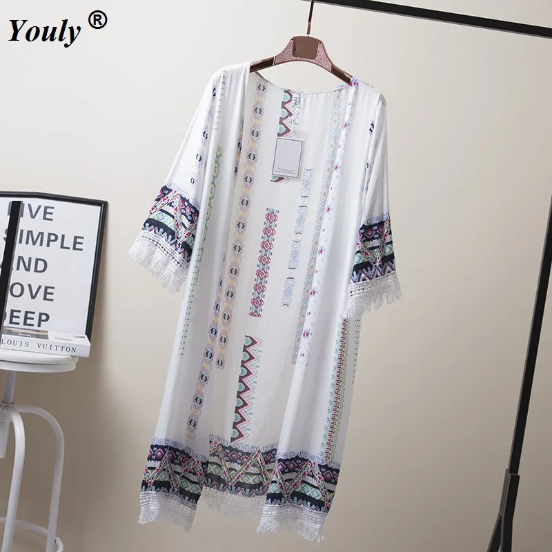 

Bohemian Style 2021 Summer P Long Cardigan Kimono Tops Casual Boho Hippie Embroidery Tassel Ladies Shirts Women Tops